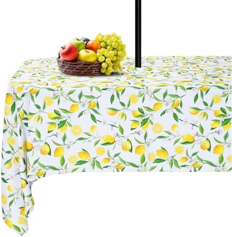 SquarePie Outdoor Tablecloth with Umbrella Hole Rectangle - 60x84 Inch Water Resistant SpillProof Zippered Patio Table Cover for Spring Summer Garden Camping Poolside Picnic, Summer Lemon by SquarePie