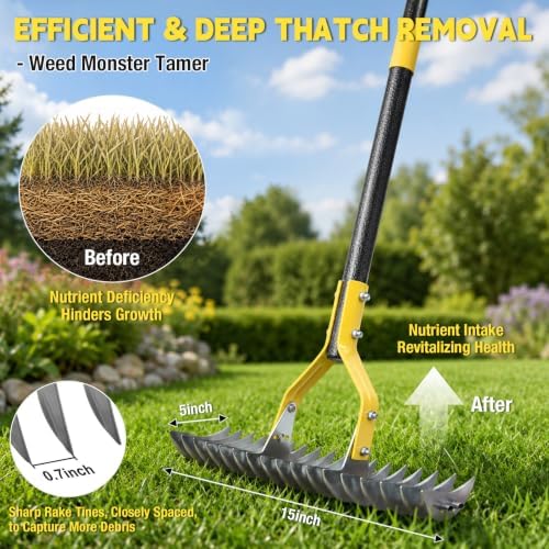 Thatch Rakes , 15-Inch Wide Thatching Rake for Cleaning Dead Grass, 55-Inch Efficient Steel Dethatcher Rake with Adjustable Metal Handle, Thatch Rakes for Lawns, Garden, Yard - Image 3