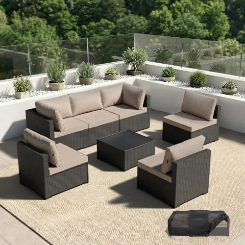 Patio Furniture Set - All-Weather - 7 Piece Patio Outdoor Conversation Set, Modular Wicker Rattan Sectional Sofa for Backyard, Garden, Poolside, Balcony, Porch, Patio,Black/Khaki by Unknown