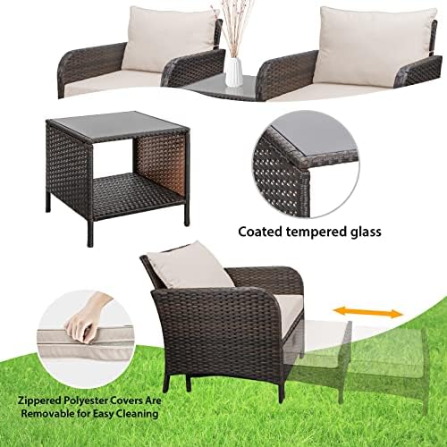 LEVELEVE Balcony Furniture 5 Piece Patio Conversation Set, PE Wicker Rattan Outdoor Lounge Chairs with Soft Cushions 2 Ottoman&Glass Table for Porch, Lawn-Brown Wicker - Image 5