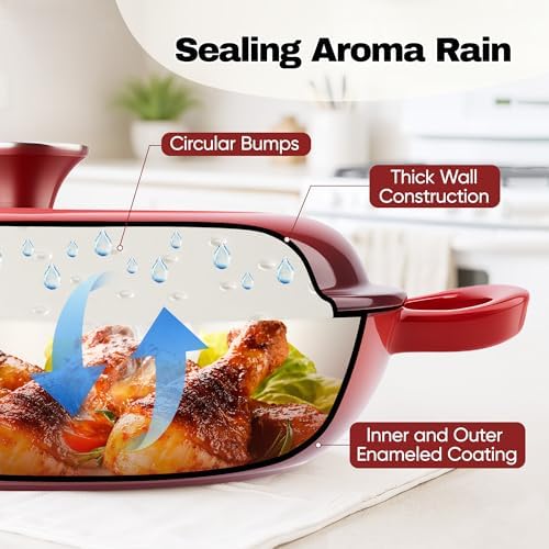 3 Quart Enameled Cast Iron Braiser, Non Stick Enameled Cast Iron Skillet with Lid, Dutch Oven Skillet with lid up to 500°F for Oven, Stove, Grill, Shallow Dutch Oven for Cook, Bake (Red) - Image 5