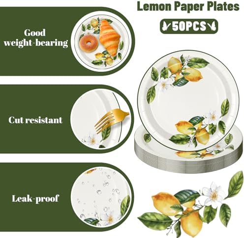JarThenaAMCS 50Pcs Summer Lemon Paper Plates 9 Inch Yellow Lemon Flower Disposable Plates Decorative Appetizer Dessert Plate for Holiday Wedding Fruit Birthday Dinner Party Supplies - Image 3
