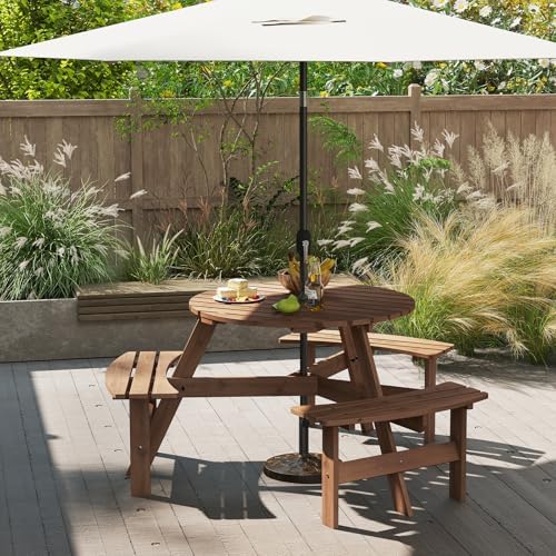 GIANTEX 6-Person Round Picnic Table Set with 3 Benches, 550 LBS Bench Capacity, 2" Umbrella Hole, Circular Outdoor Wood Dining Table & Chairs for Patio Yard Garden Porch Deck (68”x62”x28”,Brown) - Image 2