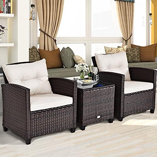 Tangkula 3 Pieces Patio Furniture Set, PE Rattan Wicker 3 Pcs Outdoor Sofa Set w/Washable Cushion and Tempered Glass Tabletop, Conversation Furniture for Garden Poolside Balcony (White) - Image 3