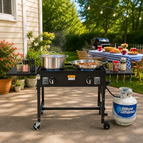 Barton Outdoor Camping Propane Double Burner Stove Cook Cooking Station Stand Picnic BBQ Grill 58,000 BTU, with 2 Side Shelves, Hose & Regulator Included for Backyard BBQ, Tailgating, Camping - Image 3