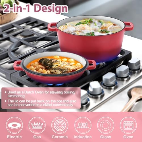 TeamFar 5qt Dutch Oven, Pre-seasoned Cast Iron for Bread Baking, Red - Image 4