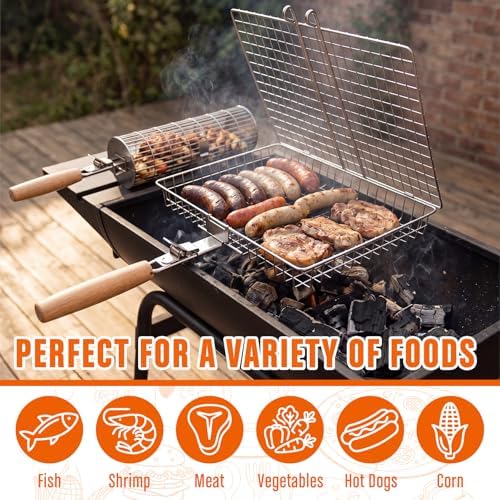 Havawish 3 Pcs BBQ Basket Grill Set 430 Stainless Steel Rectangular Grill Basket with Removable Wooden Handle 2 Rolling Cylinder Baskets for Vegetables Fish Meat Outdoor Grilling Gift for Dad Husband - Image 5