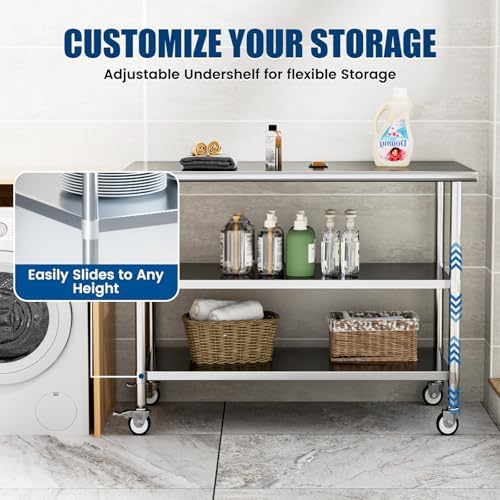 Stainless Steel Work Table with Wheels, 24x60 Inch NSF Kitchen Prep Table with 2 Adjustable Undershelves for Commercial Restaurant, Garage, Outdoor BBQ - Image 4
