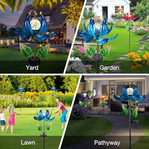 AIINY Solar Garden Lights Metal Flower Decor, Colorful Lotus Pathway Spinning Windmill with LED Cracked Crystal Ball Outdoor Decorative Stake Lighting Waterproof Flower Sculpture for Patio Yard - Image 7