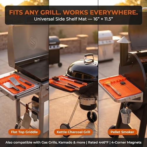 Magnetic Silicone Side Shelf Mat for Blackstone Griddle - 4 Corner Magnets, Extra Thick, Linear Drip Channels, 446°F Heat Resistant, 16"x11.5", Fits Weber Traeger Pit Boss (Orange 2-Pack) - Image 5