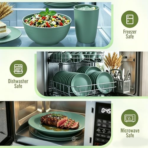 Wheat Straw Dinnerware Sets 40 PCS Unbreakable Dishes Set for Kitchen, Outdoor, Camping Dishes Plates and Bowls Sets with Cups, Dessert Plates, Dishwasher & Microwave Safe - Green - Image 6