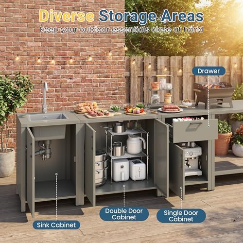 Wisteria Lane Aluminum Outdoor Kitchen Island, Modular Outdoor Kitchen with Stainless Steel Sink, All Weather Outdoor Storage Cabinet with Storage, Drawers & Bar Table for Patio, BBQ, Porch, Backyard - Image 6