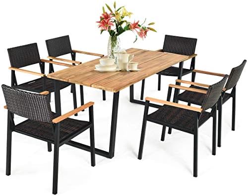 Tangkula 7 Pieces Outdoor Dining Set, Patented Patio Furniture Set w/Large Rectangle Acacia Wood Table Top, Rattan Chairs with Steel Frame, Umbrella Hole, for Backyard Garden by TANGKULA