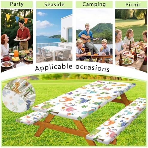 Funny Dinosaur Picnic Table Cover with Bench Covers and Bag, Camping Essentials, Animal Waterproof Windproof Fabric, Fitted Tablecloth Cover with Elastic Edge, for Indoor & Outdoor, 3 PCS, 30x96 Inch - Image 5