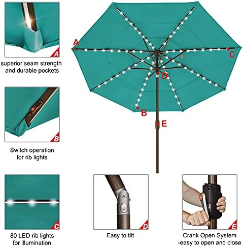 EliteShade USA 10-Year-Non-Fading 9ft 3-Tier Market Patio Umbrella, Commercial Table Umbrella with 80 Solar LED Lights, Crank Open, Windproof & UPF 50+ UV Protection for Garden, Deck, Pool, Backyard, Teal - Image 5