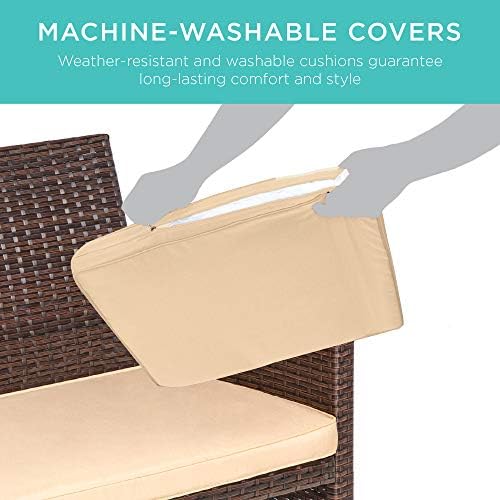 Best Choice Products 4-Piece Outdoor Wicker Patio Conversation Furniture Set for Backyard w/Coffee Table, Seat Cushions - Brown/Beige - Image 5