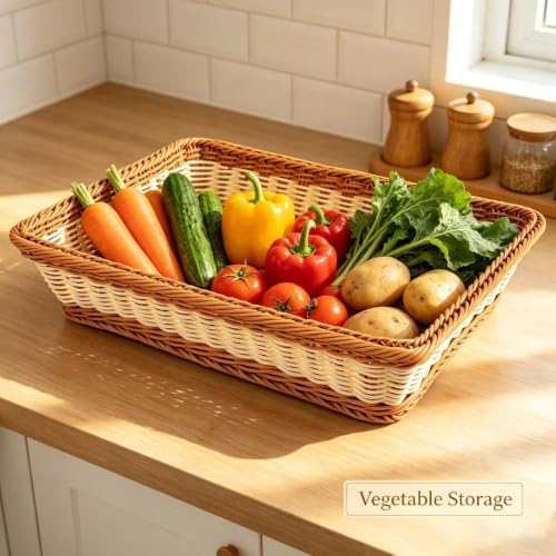 RT&BS Large Wicker Bread Basket for Serving, Wicker Fruit Basket, Display Baskets for Vegetable Fruit, Reusable Handwoven Serving Baskets for Kitchen, Store, Restaurant, Outdoor (Bicolor, L) - Image 5