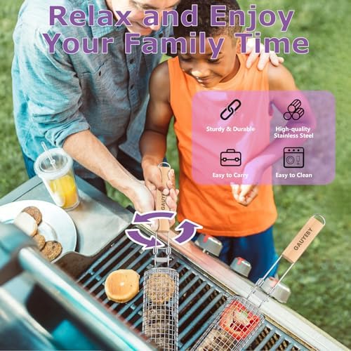 Rolling Grill Basket, Grill Baskets for Outdoor Grill, REMOVABLE HANDLE, Anti-Scorch Stainless Steel BBQ Net Tube for Meat, Shrimp, Vegetables, Grill Accessories, Gifts for Dad, Husband (Round) - Image 2