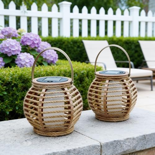 Solar Powered Outdoor Lantern, Rope Woven, 14x15.5 cm, Set of 2 by LEOKED