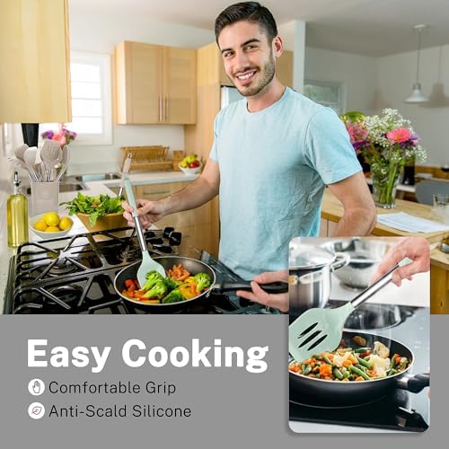 QMVESS Silicone Cooking Utensils Set, 28 Pcs Non-Stick Kitchen Utensils Set with Holder, 446°F Heat Resistant Spatula, Tongs, Spoons Set with Stainless Steel Handle Kitchen Gadgets (Light Green) - Image 2