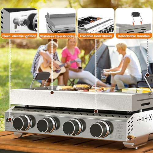 WAA Portable Propane Griddle, 32,000BTU Tabletop Portable Propane Gas Grill with 4 Burners, Stainless Steel Flat Top Grill, Outdoor Cooking for Tailgating,Camping, RVs, BBQ, Patio, Silver - Image 3