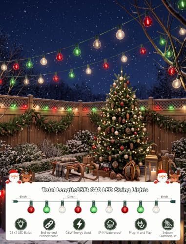 25FT G40 LED Red Green White Outdoor String Lights, 27 Shatterproof Bulbs - Image 2