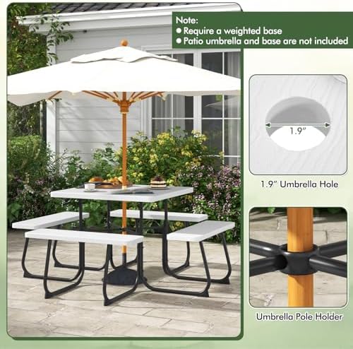 Moccha Picnic Table Bench Set - Outdoor Table and Chairs with Umbrella Hole, HDPE Tabletop & Metal Frame, 500LBS Capacity, Outdoor Camping Table for Garden Backyard Porch Patio Table Set (White) - Image 4