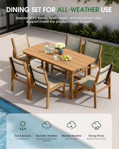 HDPE Outdoor Dining Set, Patio Table and 6 Stackable Armless Chairs, Teak - Image 4