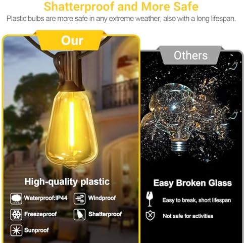 LAMPHOME 4-Pack 26Ft ST38 Outdoor String Lights, Warm Yellow Edison LED Patio Lights with 12+1 Shatterproof Bulbs, Waterproof for Bistro Christmas Party Garden Decor - Image 4