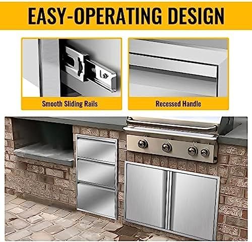 Pull Out Trash Drawer, Lower Sliding Rails Stainless Steel Roll Out Trash Bin Pull Out Tray With Handle For Outdoor Kitchen BBQ Island Grill Station,Three Drawers - Image 5