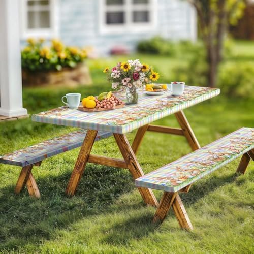 Easter Picnic Table Cover with Bench Covers, Camping Essentials, Easter Buffalo Plaid Bunny Eggs Flowers Outdoor Table Covers, Waterproof, Fitted Tablecloth Cover with Elastic Edge, 3 PCS, 30x60 Inch - Image 3