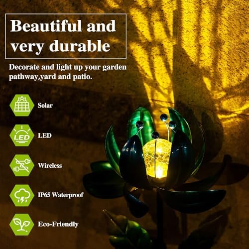 Solar Garden Lights Metal Flower Decor, Colorful Spinning Windmill Lotus Pathway Ligths with LED Cracked Crystal Ball Outdoor Decorative Stake Lighting Waterproof Flower Sculpture for Patio Yard - Image 4