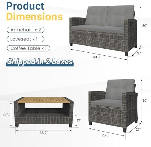 Wisteria Lane 4 Piece Patio Furniture Set, Wicker Outdoor Patio Conversation Furniture Set, All Weather Outdoor Patio Sofa with Cushion and Wood Table, Dark Gray - Image 2