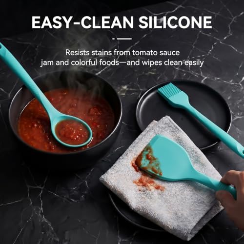 Silicone Cooking Utensils Set - 600°F Heat Resistant, Nonstick Kitchen Utensil Set with Spatulas, Spoons, Whisk, Tongs, BPA Free, Dishwasher Safe (Teal) - Image 5