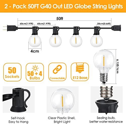 Mlambert 100Ft(2x50Ft) Outdoor String Lights, G40 Globe Patio Lights with 50+4 Waterproof Hanging LED Bulbs for Balcony Gazebo Deck Tents-Black Wire - Image 5