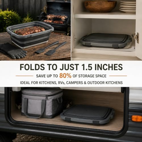 Collapsible BBQ Prep Tub with Lid & Integrated Cutting Board, 16L XL Meat Marinating Basin with Drain Plug, Foldable Grill Prep Station with Heat-Resistant Gloves, Brush & Spatula (X-Large, 16L) - Image 6