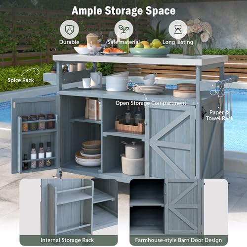 Outdoor Kitchen Island with Stainless Steel Top, Rolling Bar Cart & Storage Cabinet, 100% Solid Fir Wood BBQ Prep Station Grill Table with Spice Rack & Towel Holder (Gray Blue, 50-Inch) - Image 6