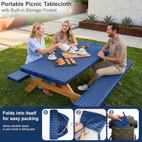 Picnic Table Cover with Bench Covers Camping Tablecloth Set with Pocket - Image 3