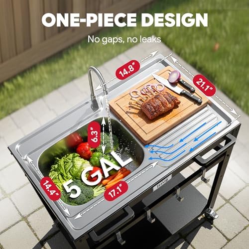 Feasto 35" Movable Outdoor Grill Cart with Stainless Steel Sink & Faucet - Image 6
