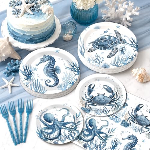96PCS Summer Ocean Animal Party Paper Plates and Napkins Set for Under the Sea Party Paper Plates Underwater Creature Disposable Decor Sea Parties Set for Kids Birthday Gatherings Decorations - Image 7