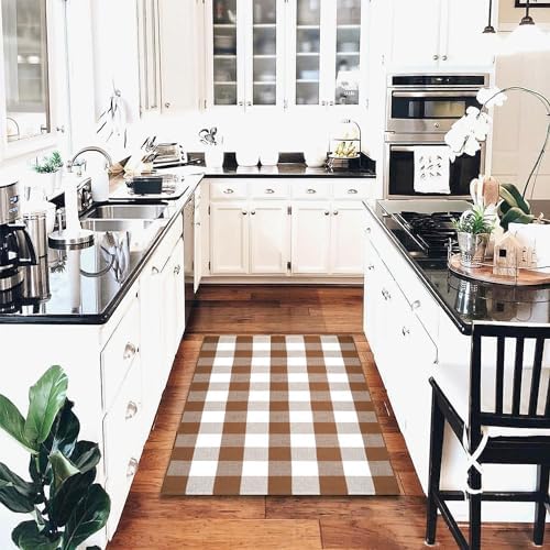 Homydecor Buffalo Plaid Outdoor Rugs, 28'' x 43'' Coffe and White Checkered Area Rug, Layering Rug for Hello/Welcome Door Mat, Washable Cotton Woven Farmhouse Mat for Front Porch Décor - Image 5