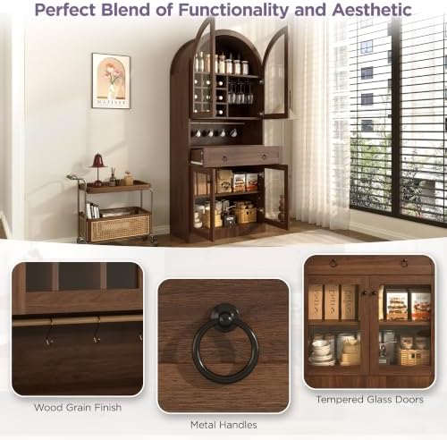 70"Tall Arched Glass Wine Cabinet with Adjustable Shelf & Wine Rack, Walnut - Image 4