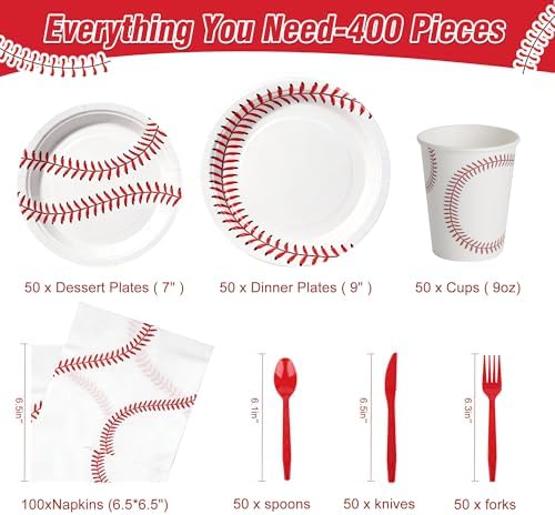 400 Pcs Disposable Baseball Party Tableware Set for 50 Guests - Image 2