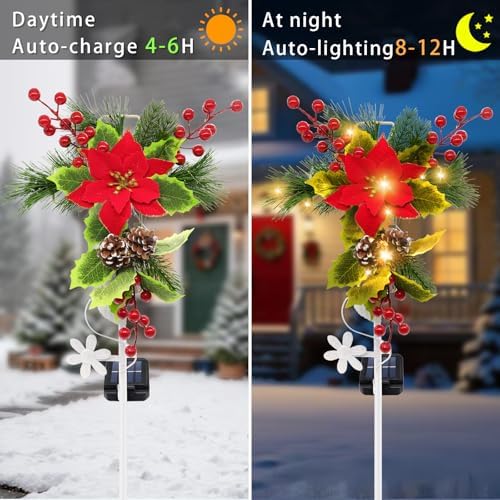 4 Pack Solar Christmas Decorations Outdoor, 32 Inch Solar Christmas Cross Stake Lights, Waterproof Grave Decorations with Poinsettia Flower Pinecones Red Berries for Garden Yard Patio Lawn Cemetery - Image 4