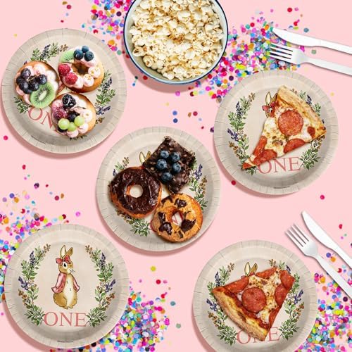 Peter Rabbit Girl's Pink First Birthday - 32 Piece Disposable Party Supplies - Decorations for Bunny 1st Birthday Round Party Plates - Large 9" Paper Plates In Bulk - Image 5