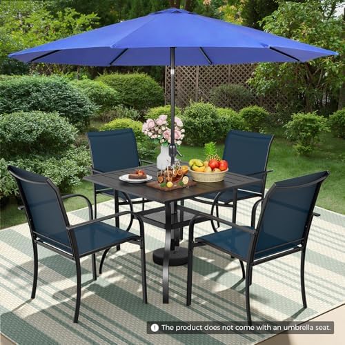 Incbruce 6 Pieces Paito Dining Set with Dark Blue Umbrella, Outdoor Metal Dining Set of 4 Textilene Chairs and Square Table with Umbrella Hole for Garden, Porch and Backyard (Blue) - Image 3