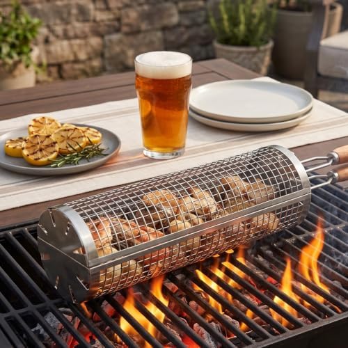 Rolling Grill Basket Large, 304 Stainless Steel Cylinder BBQ Grill Basket - Image 3