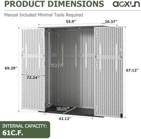 Aoxun 61 Cu.Ft Outdoor Storage Shed, Widened Outdoor Storage Cabinet Waterproof Vertical Resin Shed with Floor for Garden Tools, Pool Equipment, Easy to Assemble(White&Grey) - Image 7