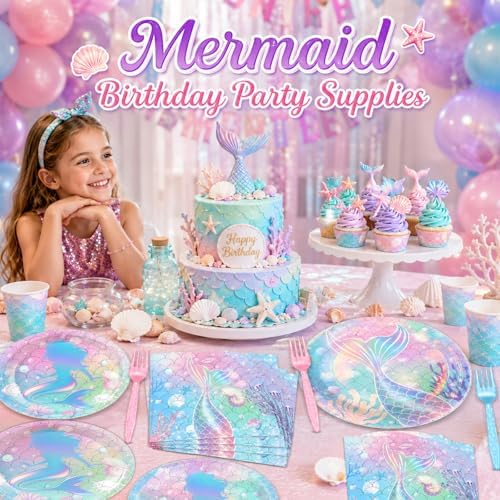 96Pcs Mermaid Party Paper Plates Napkins Set Iridescent Mermaid Birthday Supplies Holographic Disposable Dinnerware for Under the Sea Ocean Themed Birthday Gatherings Decorations - Image 5