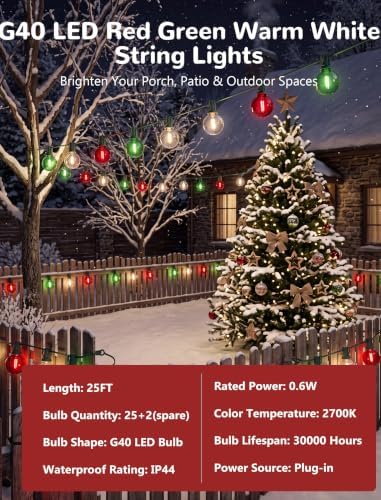 25FT G40 LED Red Green White Outdoor String Lights, 27 Shatterproof Bulbs - Image 3